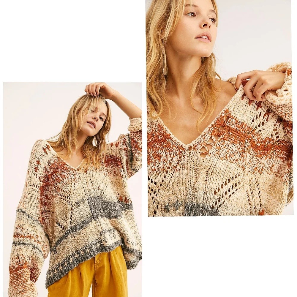 Free People Sweater‎ Womens L Multicolor In My Arms Knit Hoodie Boho Pullover